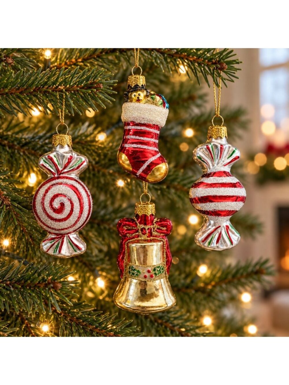 Handcrafted Glass Christmas Ornaments 4-Pc Stocking Candy Bell VTG Holiday Decor